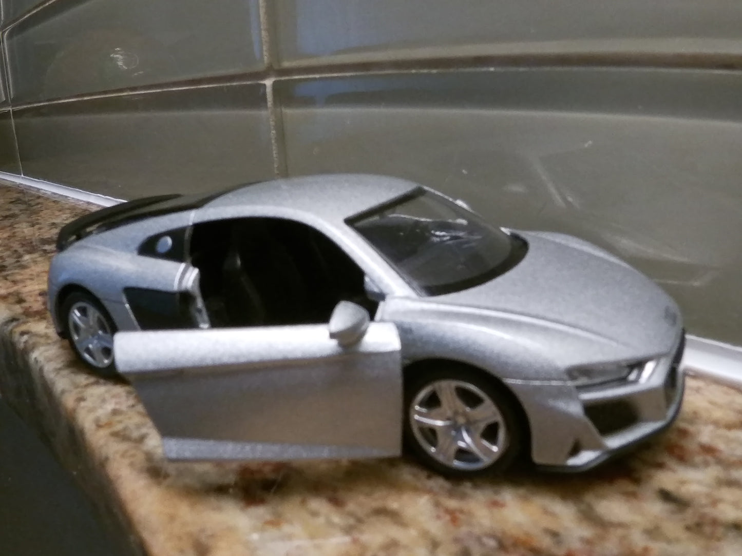 Audi R8 Coupe V10 Engine 1/36 Scale with Pull Back action doors open Metallic Silver