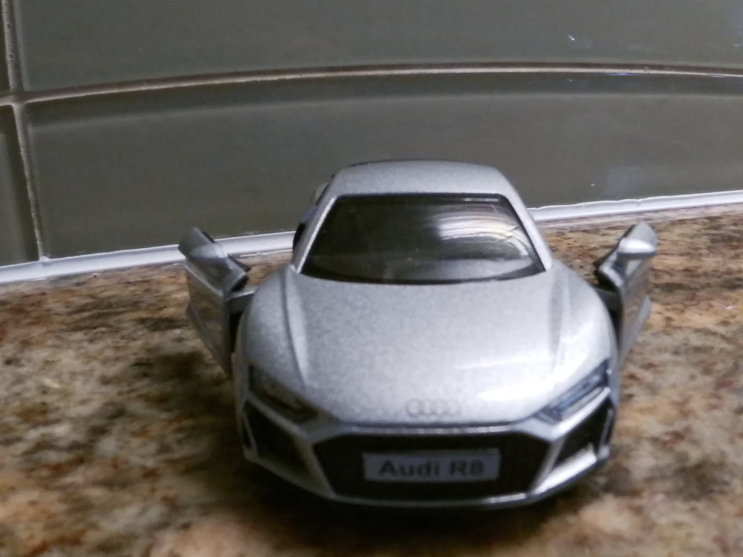 Audi R8 Coupe V10 Engine 1/36 Scale with Pull Back action doors open Metallic Silver