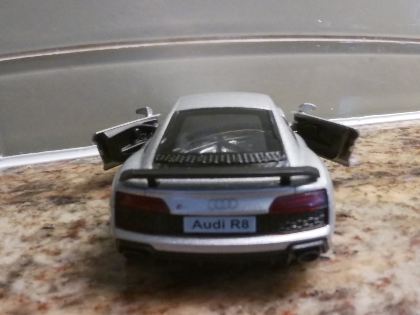 Audi R8 Coupe V10 Engine 1/36 Scale with Pull Back action doors open Metallic Silver